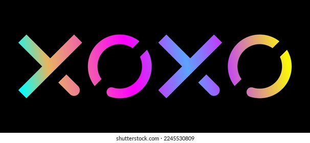 XOXO text in modern gradient colors. Text for Valentine's Day. Vector illustration isolated on black background.