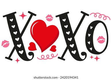 XOXO texto para el día de San Valentín en dibujos animados planos color rojo y rosa vector de fondo romántico 