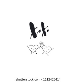Xoxo- unique handdrawn lettering word with smiling cartoon hearts. Modern vector art
