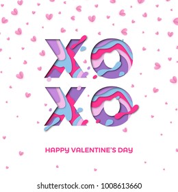 XOXO Valentines day papercut text design for valentine greeting card of red hearts confetti on white background. Vector Happy Valentine day holiday falling hearts and paper cut design template