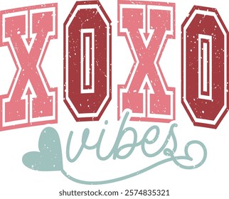 Xoxo Vibes - Happy Valentine's day T-shirt Design, Valentine Varsity T-shirt design, Retro Valentine, retro Varsity, Love Heart Vector file, boho varsity, boho design