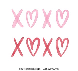 Xoxo watercolor Romantic phrase with sketch heart. Ink lettering design. Grunge brush calligraphy