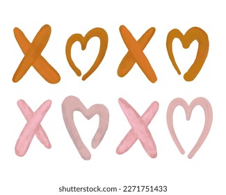 Xoxo watercolor Romantic phrase with sketch heart. Ink lettering design, grunge brush calligraphy.