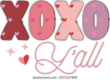 Xoxo Y'all - Happy Valentine's day T-shirt Design, Valentine Varsity T-shirt design, Retro Valentine, retro Varsity, Love Heart Vector file, boho varsity, boho design