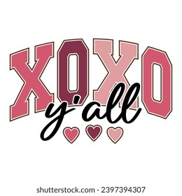 XoXo Y'all, Valentine varsity college text design with hearts for Valentine's Day celebration