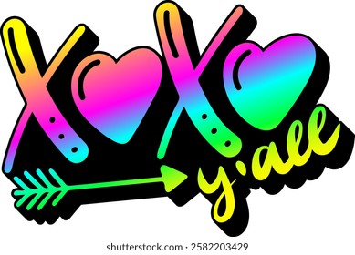 xoxo yall valentines day quote rainbow colorful bright vibrant vector graphic design and cut file