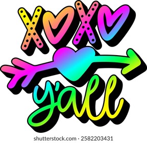 xoxo yall valentines day quote rainbow colorful bright vibrant vector graphic design and cut file