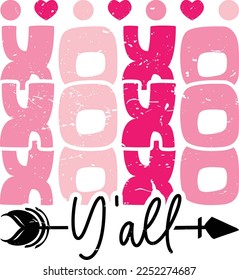 Xoxo Y'all. Valentine's Day t-shirt design, Vector graphic, typographic poster, or t-shirt