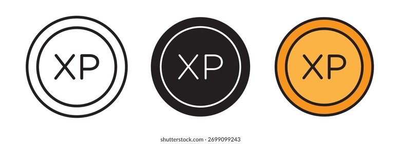 Ícone XP (pontos de experiência) definido na ilustração vetorial plana, projetado no estilo de contorno, preenchimento e cor. Ideal para jogos, conquistas, recompensas, progresso e conceitos de design de placar de líder.