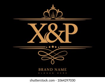 X&P Initial logo, Ampersand initial logo gold with crown and classic pattern