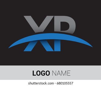 XP initial logo company name colored grey and blue swoosh design.