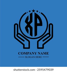 XP initials held within hands, symbolizing trust and protection. The circle represents unity, while stars highlight excellence and ambition.