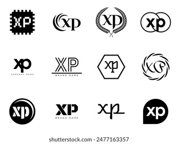 XP logo company template. Letter x and p logotype. Set different classic serif lettering and modern bold text with design elements. Initial font typography. Collection trendy business identity.