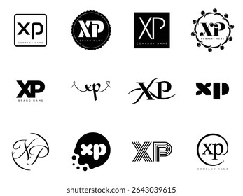 XP logo company template. Letter x and p logotype. Set different classic serif lettering and modern bold text with design elements. Initial font typography. Collection trendy business identity.