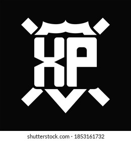 Monograma del logotipo XP aislado en forma de escudo con línea redondeada sobre fondo negro