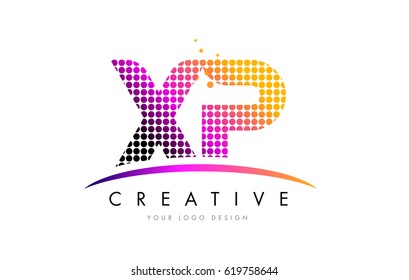 XP X P Dots Letter Logo Design with Magenta Bubble Circles and Swoosh
