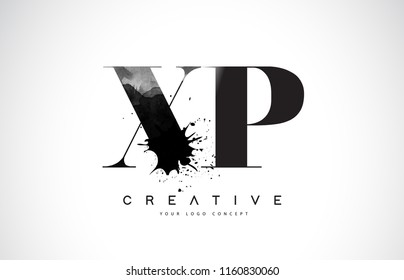 XP X P Letter Logo Design with Black Ink Watercolor Splash Spill Vector Illustration.