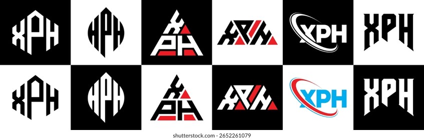XPH Buchstaben Logo Design in sechs Stil. XPH Polygon, Kreis, Dreieck, Sechseck, flach und einfach Stil mit schwarz-weißem Farbvariationsbuchstaben Logo in einem Zeichenbrett gesetzt. XPH minimalistisches und klassisches Logo