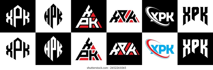 XPK letter logo design in six style. XPK polygon, circle, triangle, hexagon, flat and simple style with black and white color variation letter logo set in one artboard. XPK minimalist and classic logo