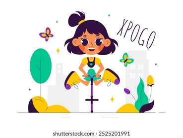 XPogo Stick Jumping Sport Vector Illustration in Outdoor Playful Scene in a Flat Style Cartoon Background