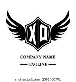 XQ bold shield logo with wings, customizable with letters A to Z. Perfect for brands seeking a powerful symbol of strength, freedom, and ambition