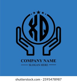 XQ initials held within hands, symbolizing trust and protection. The circle represents unity, while stars highlight excellence and ambition.