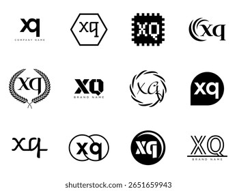Modelo da empresa de logotipo XQ. Letra x e logotipo q. Defina diferentes letras serifas clássicas e texto em negrito moderno com elementos de design. Tipografia inicial da fonte. Coleção de identidade de negócios na moda.