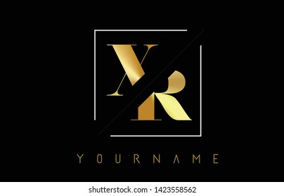 XR Golden Letter Logo with Cutted and Intersected Design and Square Frame Vector Illustration
