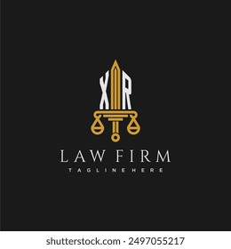 Monograma inicial XR para el logotipo del bufete de abogados con espada y escala
