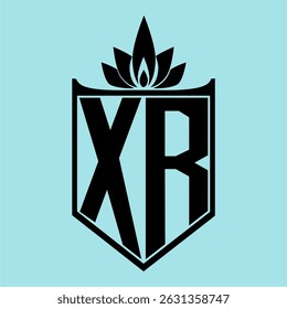 XR Logo featuring a minimalist design with a crown-like flower symbol on top, bold black elements, and a soft blue background, perfect for branding and modern visual identity.