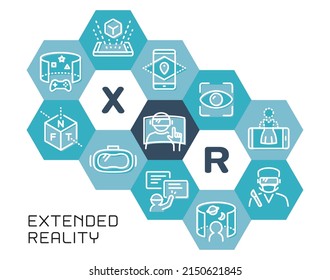 XR vector icon in hexagonal frame.
Extended Reality.