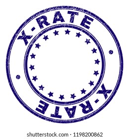 X-RATE stamp seal watermark with grunge texture. Designed with round shapes and stars. Blue vector rubber print of X-RATE tag with scratched texture.