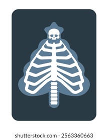 X-ray of a Christmas tree. Anatomical new year: bones and skull. Ribs and spine. Conceptual holiday poster for doctors and radiologist. 