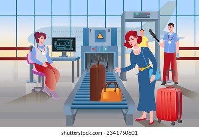 X-ray conveyor scanner for baggage with frame, travel bags and people in airport. Woman removes bags from x-ray in airport. Conveyor Belt With Passenger Luggage. Airport Interior. Vector cartoon.