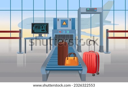 X-ray conveyor scanner for baggage with frame and travel bags in airport. Conveyor Belt With Passenger Luggage. Airport Interior. Vector cartoon illustration