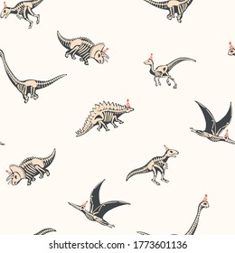 X-Ray Dino Party seamless vector pattern. Texture for birthday - fabric, wrapping, textile, wallpaper, apparel. 