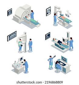 Equipo de rayos X conjunto isométrico con símbolos tecnológicos ilustración vectorial aislada