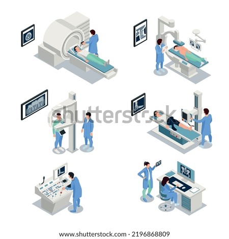 X-ray equipment isometric set with technology symbols isolated vector illustration
