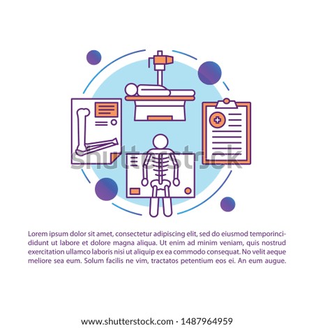 X-ray examination article page vector template. Radiological survey. Limb fracture. Brochure, booklet design element, linear icons, text box. Print design. Concept illustrations with text space