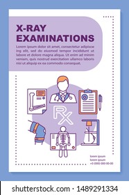 X-ray examination brochure template layout. Flyer, booklet, leaflet print design, linear illustrations. Radiological survey. Hospital equipment. Vector page layouts for reports, advertising posters