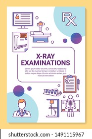 X-ray examination brochure template layout. Radiological survey. Hospital equipment. Flyer, booklet, leaflet print design, linear illustrations. Vector page layouts for reports, advertising posters