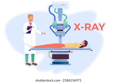 X-ray Examination In The Clinic. Woman Is Laying On The Table Taking Image Of Broken Bone. Doctor Is Talking About The Procedure. Roentgen. Medical Equipment. Broken One. X-ray Scan.