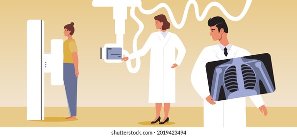 X-ray examination, doctors with patient, flat vector stock illustration. X-ray machine. X-ray as health care. A room in a medical clinic. Examination of the lungs. Medical illustration