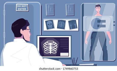 X-ray examination flat composition with images of computer radiograph equipped room with patient and doctor vector illustration