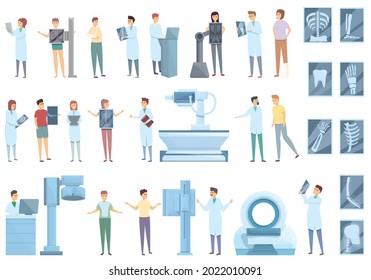 Iconos de examen de rayos X establecen el vector de dibujos animados. Sala de hospital. Examen médico
