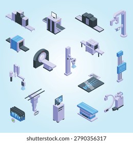 X-ray examination icons set isometric vector. Hospital room pneumonia orthopedic lungs feet part disease phalanges tarsal podiatry scientific
