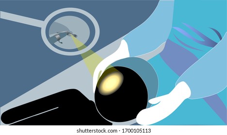 X-ray Examination. Medical Treatment Concept. Assistant Holding Patient's Head. Flat Design Vector Illustration