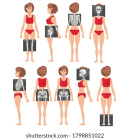 X-ray Examination Vector Set. Young Woman Being Examined in the Hospital