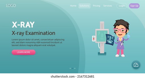 Website-Vorlage für Röntgenprüfungen. Die Illustration eines Cartoon-Röntgenbetreibers untersucht ein Skelettbild im Büro. Komposition mit einem Fachmann. Flaches weibliches Zeichen.