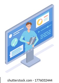 X-ray expert conducts an online video conference. Radiologist holds X-raying scan of a broken bone. Consultation with a radiographer. X-ray examination of the human body. Medicine flat illustration